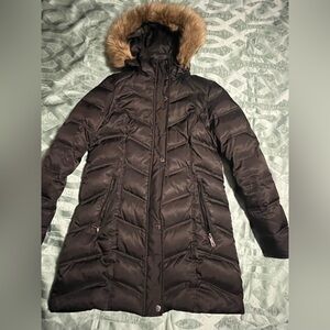 Kenneth Cole Hooded  Down Puffer Coat, Black With Faux Fur- Size Medium